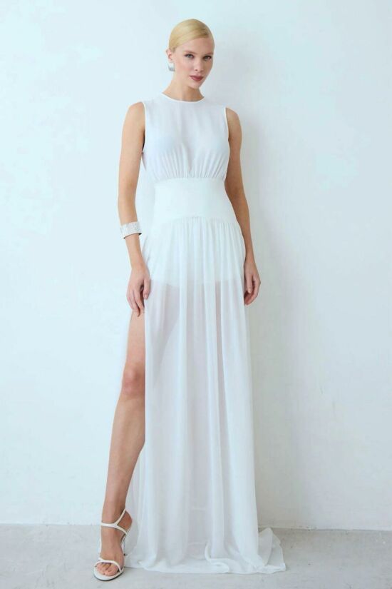Imagem de Vestido Longo Acinturado Corpo e Barra Fluida Off White Zen